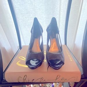 electric blue peep toe heels